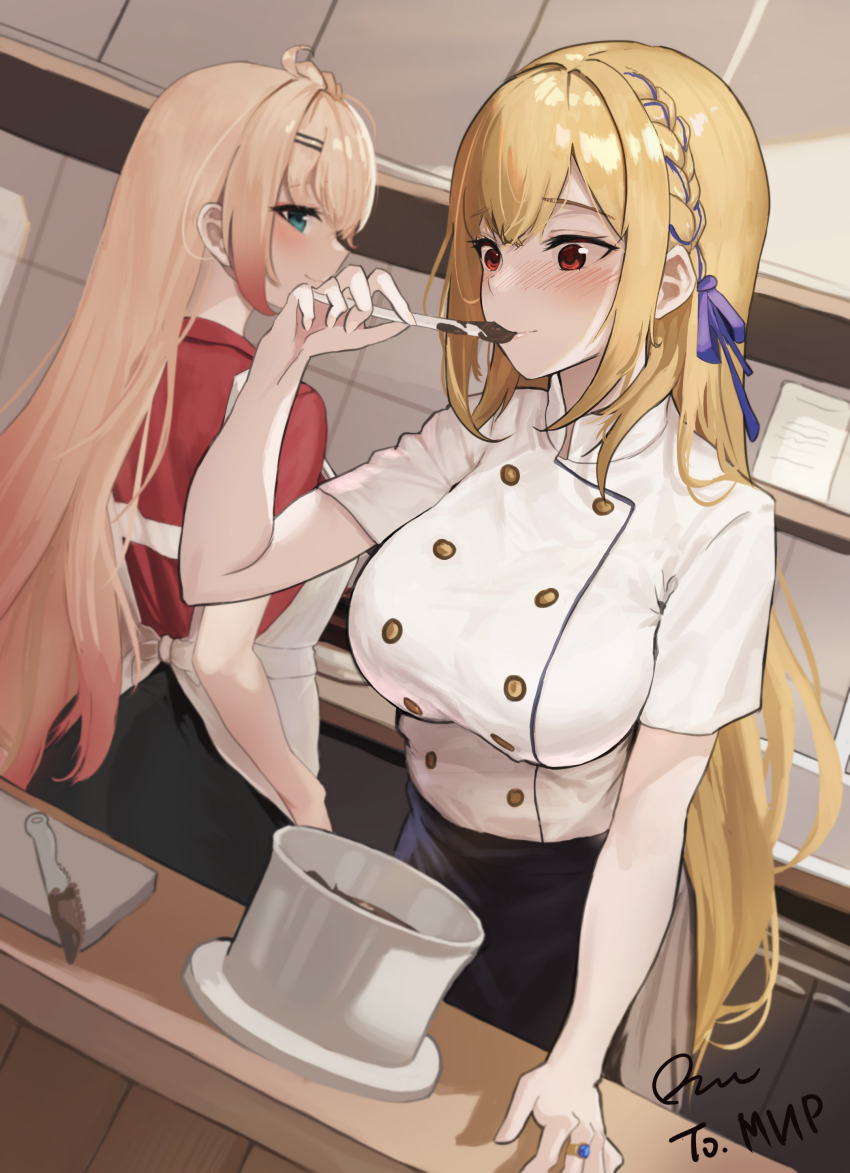 2girls absurdres agony_(pixiv_16266748) apron aqua_eyes azur_lane blonde_hair blue_ribbon braid buttons chocolate_making food_in_mouth gradient_hair hair_ribbon highres howe_(azur_lane) jewelry king_george_v_(azur_lane) kitchen lips long_hair multicolored_hair multiple_girls red_eyes ribbon ring short_sleeves tasting very_long_hair white_apron
