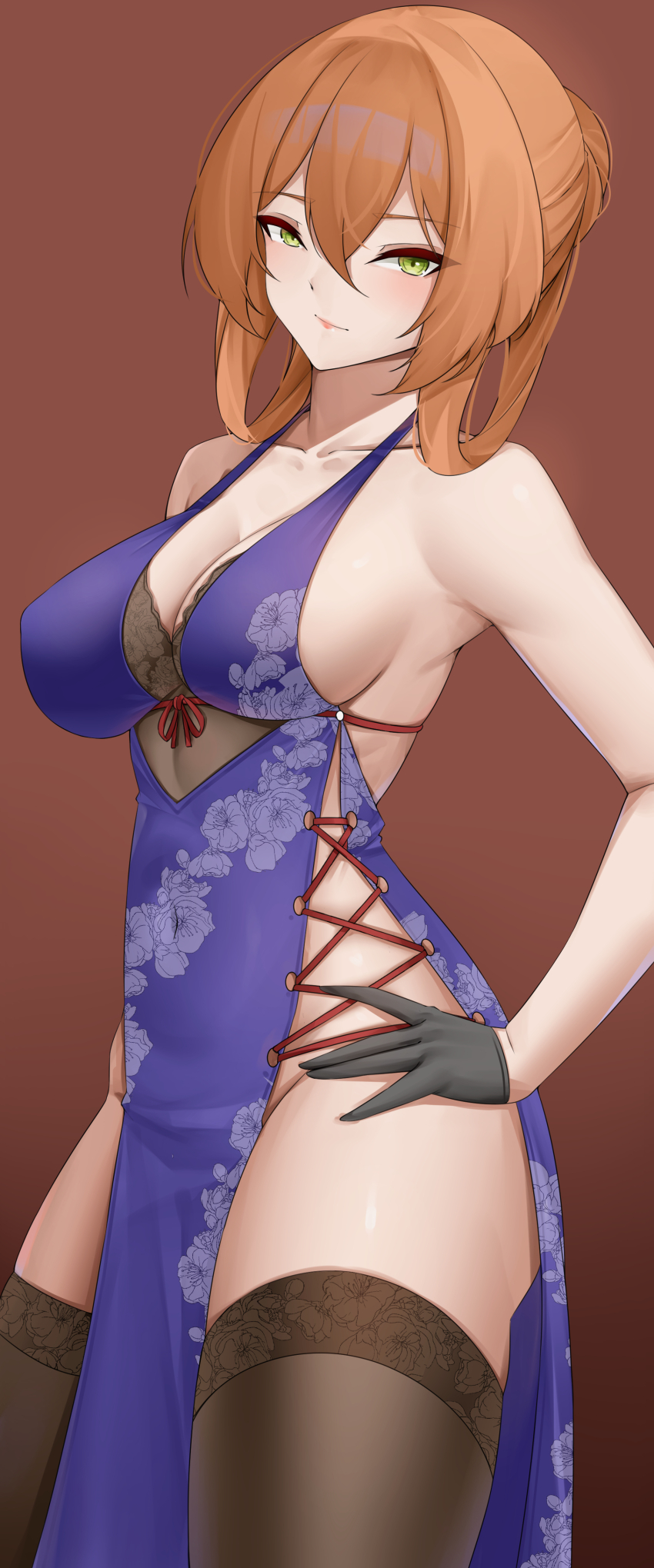 1girl absurdres air armpit_crease black_gloves black_thighhighs breasts brown_background brown_hair casperrin china_dress chinese_clothes collarbone commentary covered_erect_nipples covered_navel cowboy_shot cross-laced_clothes cross-laced_dress dress english_commentary floral_print girls&#039;_frontline girls&#039;_frontline_2:_exilium gloves gradient_background green_eyes hair_between_eyes halter_dress halterneck hand_on_own_hip highres large_breasts long_hair looking_at_viewer no_panties pantyhose pelvic_curtain purple_dress sideboob smile solo springfield_(girls&#039;_frontline) springfield_(girls&#039;_frontline_2) thick_thighs thighhighs thighhighs_over_pantyhose thighs