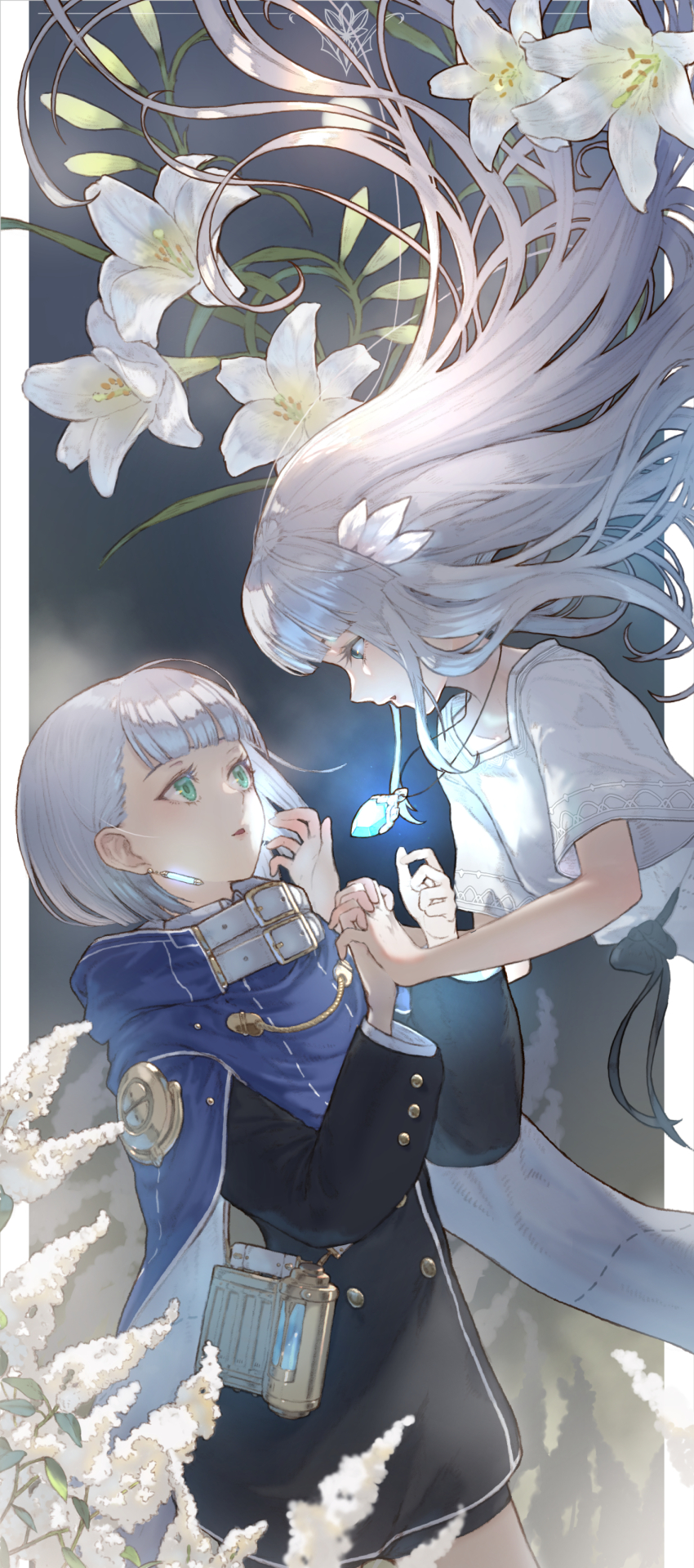 2girls absurdres black_jacket blue_cloak blue_eyes cloak commentary_request dress ender_lilies_quietus_of_the_knights ender_magnolia_bloom_in_the_mist floating_hair flower green_eyes highres holding_hands interlocked_fingers jacket jewelry lilac_(ender_magnolia) lily_(ender_lilies) long_hair looking_at_another multiple_girls necklace pendant short_hair ve_0ekaki white_dress white_flower white_hair