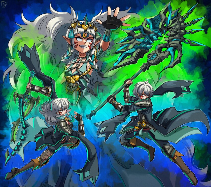 alternate_costume alternate_eye_color alternate_hair_color alternate_legwear alternate_weapon armor aura axe aymr_(fire_emblem) blue_hair breasts female_byleth_(fire_emblem) male_byleth_(fire_emblem) corruption crescent crescent_moon crescent_print crossover dark_persona dual_persona evil_grin evil_smile eyeshadow facial_tattoo fierce_deity fingerless_gloves fire_emblem fire_emblem:_three_houses forehead_tattoo frown gloves green_hair grin hal_laboratory heart heart_print highres holding holding_axe holding_sword holding_weapon intelligent_systems leg_up long_hair majora_(entity) makeup medium_breasts moon multicolored_hair multiple_persona nintendo no_pupils pointy_ears possessed possession red_eyeshadow small_breasts smile sothis_(fire_emblem) stoic_seraphim super_smash_bros. sword tattoo the_legend_of_zelda the_legend_of_zelda:_majora&#039;s_mask triangle_print twintails weapon white_hair wrist_guards