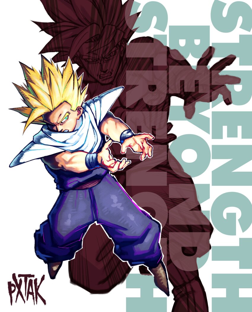 2boys absurdres angry armor artist_name baggy_pants blonde_hair clenched_teeth comic_panel_redraw derivative_work dougi dragon_ball dragonball_z english_text father-son_kamehameha father_and_son frown green_eyes highres jumpsuit kamehameha_(dragon_ball) looking_at_viewer male_focus multiple_boys one_eye_in_shadow outstretched_arms pants pauldrons purple_jumpsuit pxtakart red_sash sash short_hair shoulder_armor sleeveless_jumpsuit son_gohan spiked_hair super_saiyan super_saiyan_1 super_saiyan_2 teeth v-shaped_eyebrows white_background wristband