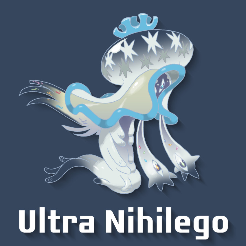 alternate_form blue_eyes character_name dark_background full_body gen_7_pokemon go-lurk hand_eye highres nihilego nintendo no_humans one-eyed pokemon pokemon_(creature) pokemon_focus see-through_body solo tendril tentacles ultra_beast z-crystal