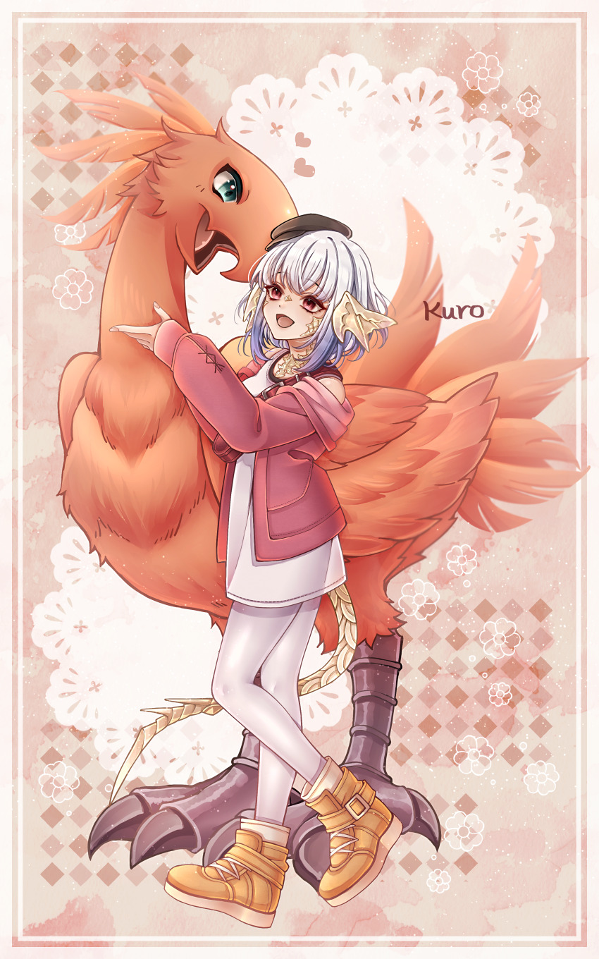 1girl 1other :d absurdres aqua_eyes au_ra bird black_hat commentary_request commission creature_request final_fantasy final_fantasy_xiv hat heart highres horns jacket kuro11_222 leggings looking_at_another looking_up open_mouth orange_background orange_feathers orange_shoes partial_commentary pink_eyes pink_jacket red_background shoes skeb_commission smile tail tank_top warrior_of_light_(ff14) white_hair white_leggings white_tank_top