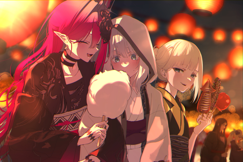 3girls baobhan_sith_(dream_portrait)_(fate) baobhan_sith_(fate) black_kimono blonde_hair blush closed_mouth cotton_candy fate/grand_order fate_(series) food gray_(fate) grey_eyes grey_hair grey_hood grey_kimono highres holding holding_cotton_candy holding_food japanese_clothes kimono long_hair multiple_girls open_mouth pink_hair pointy_ears red_kimono reines_el-melloi_archisorte shitsugaikotsu short_hair smile yukata