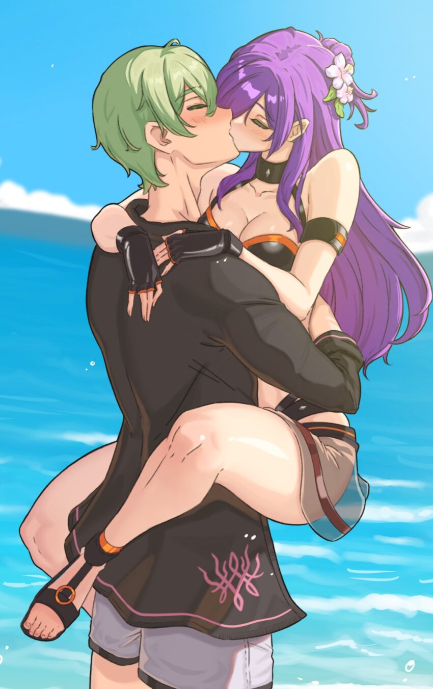 1boy 1girl bikini black_bikini black_choker black_gloves black_shirt blue_sky blush breasts choker cleavage closed_eyes cloud collarbone commentary commission couple day emmettart english_commentary facing_another female_shez_(fire_emblem) female_shez_(summer)_(fire_emblem) fingerless_gloves fire_emblem fire_emblem:_three_houses fire_emblem_heroes fire_emblem_warriors:_three_hopes flower gloves green_hair hair_between_eyes hair_bun hair_flower hair_ornament hair_over_one_eye hetero highres hug kiss large_breasts long_hair male_byleth_(enlightened)_(fire_emblem) male_byleth_(fire_emblem) male_swimwear nintendo ocean official_alternate_costume outdoors purple_hair shirt short_hair single_hair_bun sky swim_trunks swimsuit thighs toes white_male_swimwear