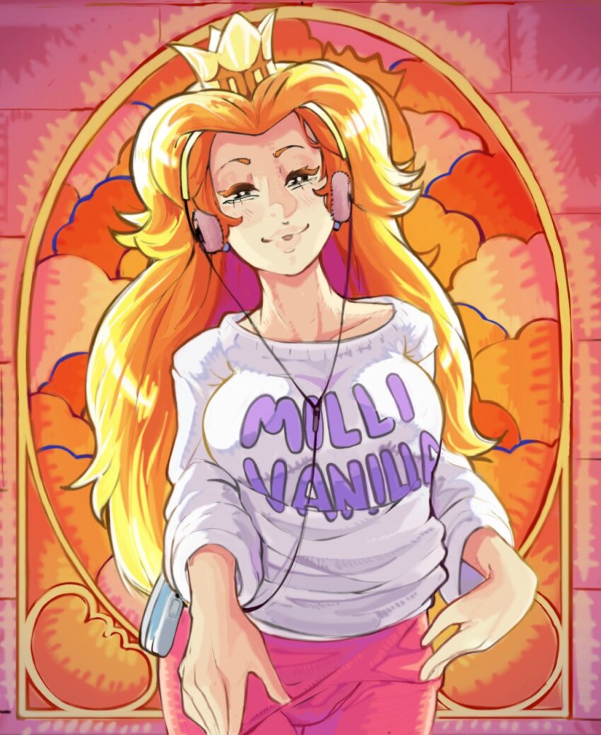 blonde_hair breasts crown goose_llow headphones highres large_breasts lips long_hair long_sleeves mario_(series) nintendo pants princess_peach shirt the_adventures_of_super_mario_bros._3