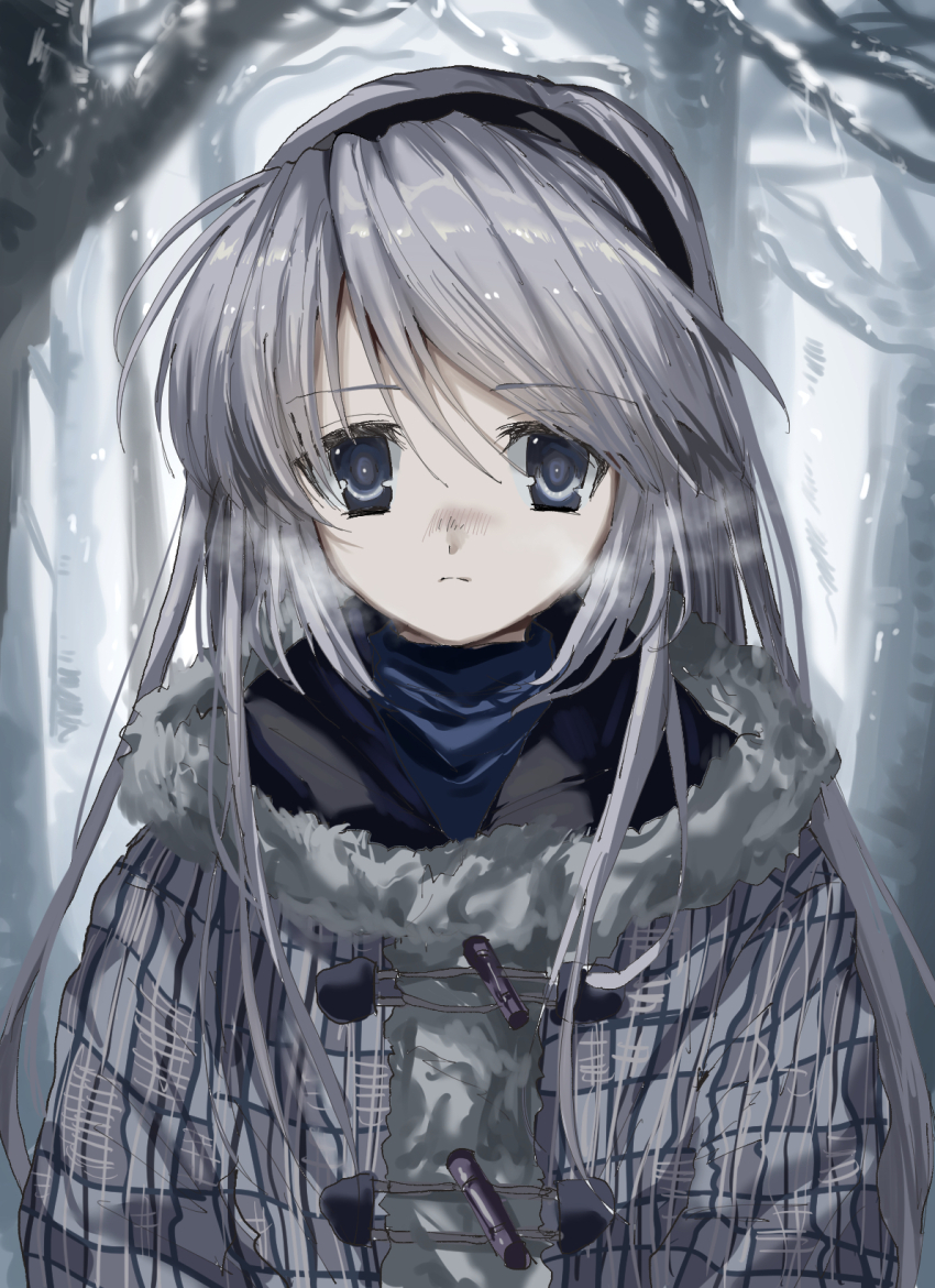 1girl bare_tree black_hairband blue_eyes breath bright_pupils clannad closed_mouth coat commentary_request frown fur-trimmed_coat fur_trim grey_hair hair_between_eyes hairband highres kasukasugom1 long_hair looking_at_viewer outdoors sakagami_tomoyo sidelocks solo straight-on swept_bangs tree turtleneck upper_body very_long_hair winter winter_clothes winter_coat