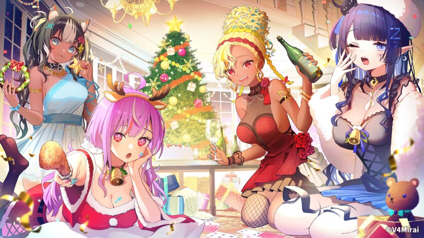4girls ahoge animal_ears antlers bell black_hair blonde_hair blue_dress blue_eyes blue_nails bottle breasts chiroron christmas_ornaments christmas_tree cleavage closed_mouth collarbone copyright_notice cropped_shirt cup deer_ears dress drinking_glass fake_animal_ears flower food fur-trimmed_skirt fur_trim grey_hair hair_ornament hat highres holding holding_cup holding_food horns kneeling letter_hair_ornament lying mole mole_on_breast mono_monet multicolored_hair multiple_girls neck_bell official_art on_stomach one_eye_closed open_mouth pink_nails purple_eyes purple_hair rara_rocora red_dress red_eyes red_flower red_hair red_rose red_skirt reindeer_antlers rem_kanashibari rose see-through_cleavage see-through_clothes serina_maiko single_fishnet_legwear skirt stairs stuffed_animal stuffed_toy symbol-shaped_pupils teddy_bear two-tone_hair v4mirai virtual_youtuber white_hat window wine_bottle wine_glass yawning