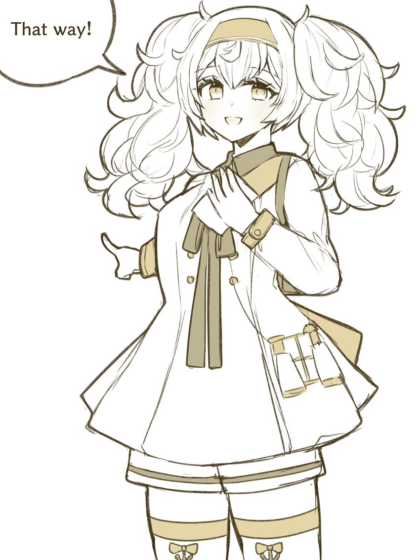 1girl binoculars breasts commentary_request dress english_text gambier_bay_(kancolle) gambier_bay_(sasebo)_(kancolle) hair_between_eyes hairband highres holding kantai_collection long_hair long_sleeves looking_at_viewer nagi_kantai114 open_mouth pointing shorts simple_background solo speech_bubble thighhighs twintails yellow_theme