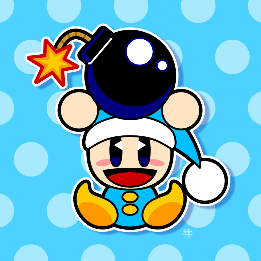 blue_background blue_hat blush_stickers bomb explosive full_body hat holding holding_bomb kirby_(series) lit_fuse looking_at_viewer nintendo no_humans open_mouth outline polka_dot polka_dot_background poppy_bros_jr rayman_limbs sasakinao signature solo white_outline