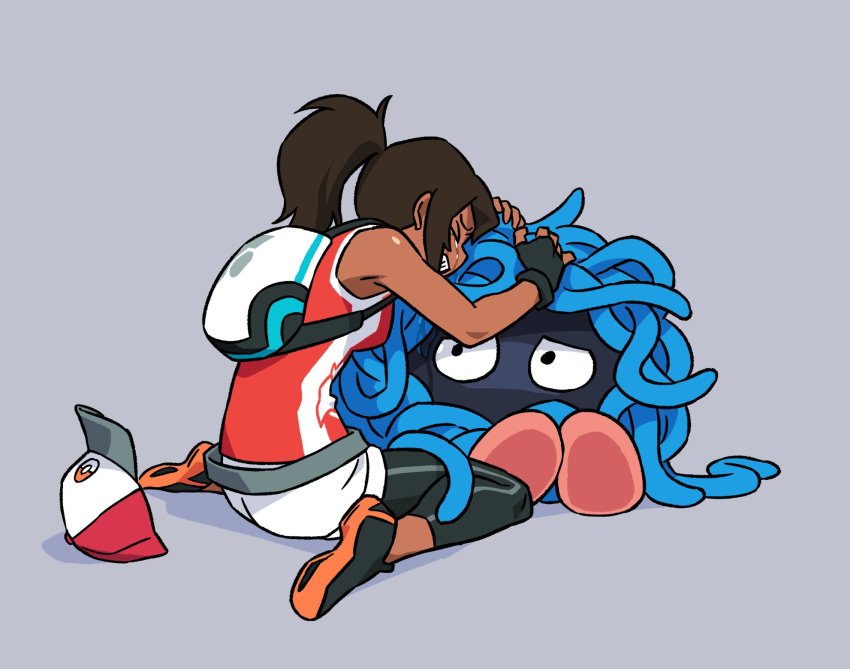1girl backpack bad_id bad_twitter_id bag baseball_cap black_pantyhose clenched_teeth crying dark_skin female_protagonist_(pokemon_go) fingerless_gloves gen_1_pokemon gloves grey_background hat highres hug leggings leggings_under_shorts long_hair nintendo orange_shirt pantyhose pokemon pokemon_(creature) pokemon_go ponytail shirt shoes shorts simple_background sitting sneakers tangela tank_top tears teeth unworn_hat unworn_headwear uzura3026 wariza white_shorts