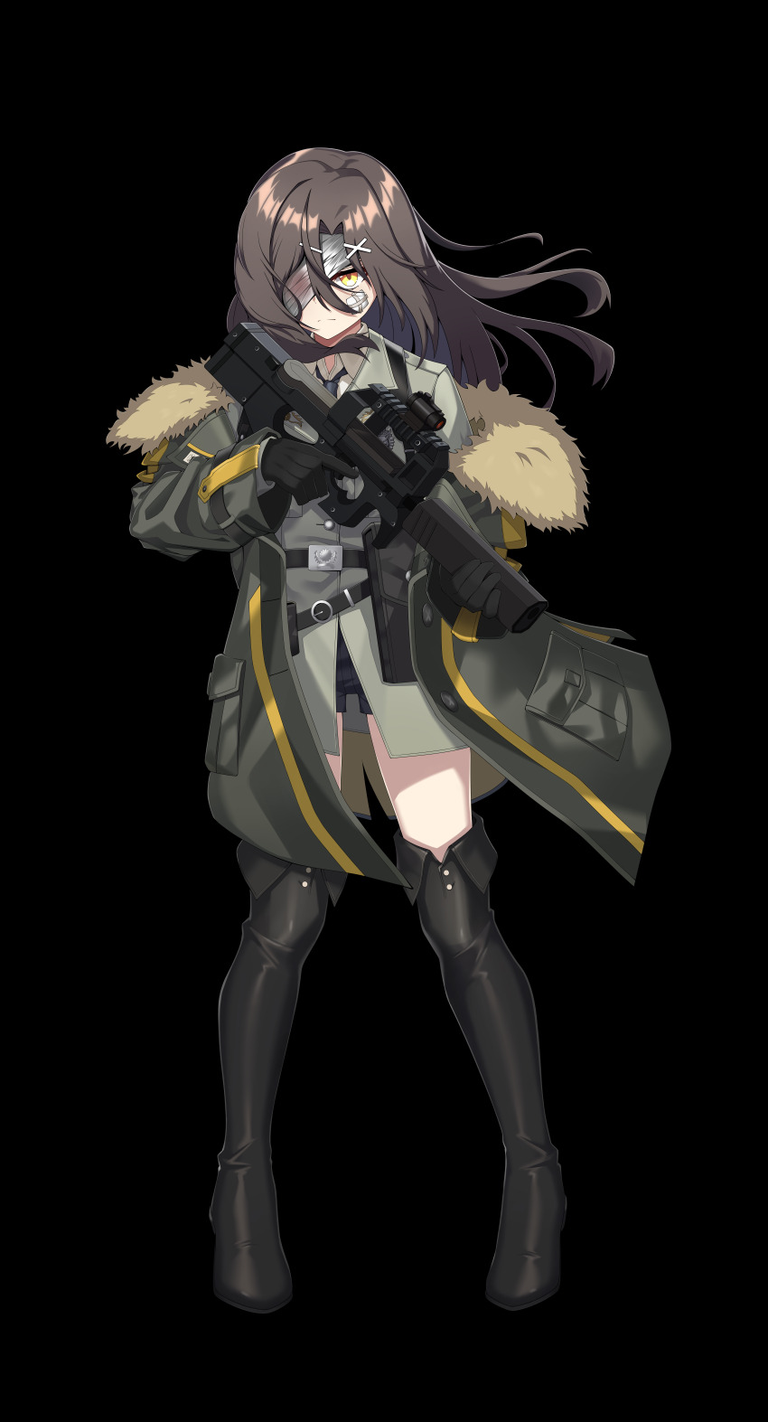 1girl absurdres bandage_on_face bandage_over_one_eye bandages belt black_background black_boots black_gloves black_necktie boots brown_hair bullpup christina_brecht closed_mouth coat collared_shirt commentary_request counter:side floating_hair fold-over_boots full_body fur-trimmed_coat fur_trim gloves gun hair_ornament hairclip highres holding holding_gun holding_weapon incredibly_absurdres korean_commentary long_sleeves looking_at_viewer necktie parted_bangs partial_commentary pigeon-toed pocket scope serious shirt short_shorts shorts simple_background single_off_shoulder solo standing thigh_boots wbs weapon x_hair_ornament yellow_eyes