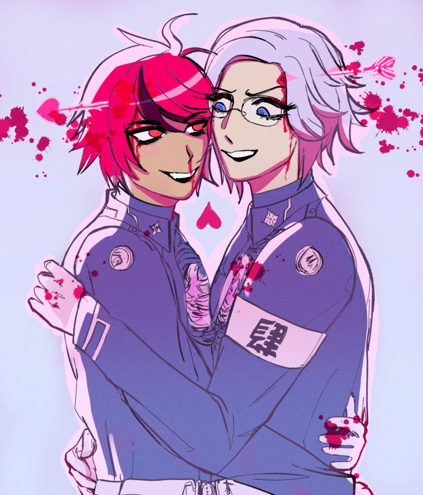 2boys aotsuki_eito armband black_hair blood blood_from_forehead blood_from_mouth blood_splatter blue_eyes eyelashes glasses gloves gradient_background heart highres hug last_defense_academy_school_uniform long_sleeves looking_at_another male_focus multicolored_hair multiple_boys nosebleed open_mouth red_eyes red_hair sumino_takumi takumi-g_(hundred_line) teeth the_hundred_line_-last_defense_academy- upper_body upper_teeth_only white_gloves white_hair