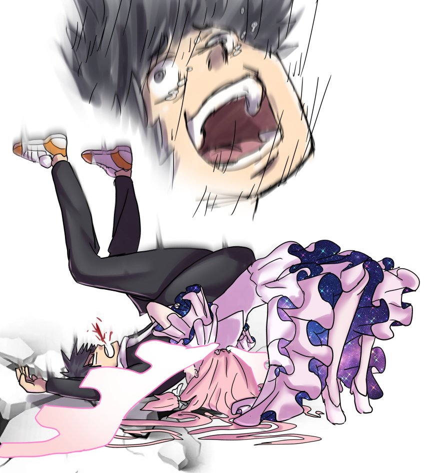 1boy 1girl absurdres anger_vein black_eyes black_hair black_hoodie black_pants blood bow commission commissioner_upload crossover dress ebora frills german_suplex high_heels highres hood hoodie kamijou_touma kaname_madoka long_hair mahou_shoujo_madoka_magica pants pink_hair pink_wings pumps space_print spiked_hair starry_sky_print suplex tears toaru_majutsu_no_index ultimate_madoka very_long_hair what white_background white_bow white_dress white_footwear winged_footwear wings