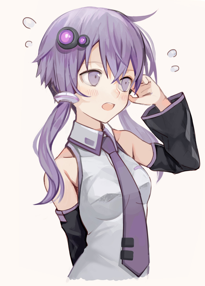 1girl arm_behind_back blush breasts bug collared_shirt cosplay cropped_torso detached_sleeves fly grey_shirt hair_ornament hatsune_miku hatsune_miku_(cosplay) highres insect kari_kenji long_sleeves open_mouth purple_eyes purple_hair shirt short_hair_with_long_locks simple_background small_breasts solo upper_body vocaloid voiceroid white_background yuzuki_yukari
