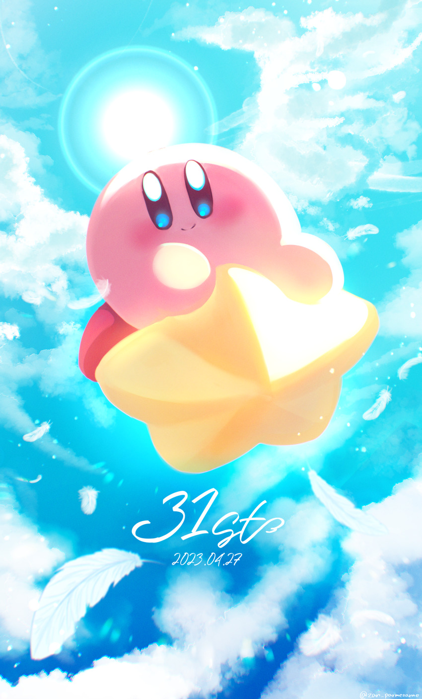 absurdres blue_eyes blue_sky blush closed_mouth cloud dated falling_feathers feathers highres kirby kirby_(series) nintendo no_humans parumezan sky warp_star