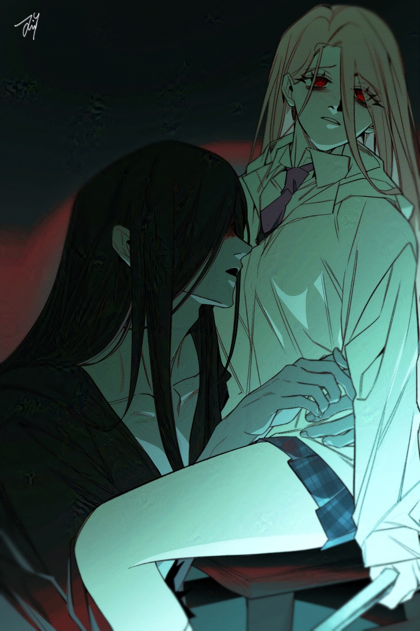 1boy 1girl absurdres bbabbamis2 black_hair black_kimono blood blood_on_face chair commentary_request crowbar heroine_(homicipher) hetero highres holding holding_crowbar homicipher hug japanese_clothes kimono korean_commentary long_hair mr._crawling raincoat red_eyes ringed_eyes sitting skirt