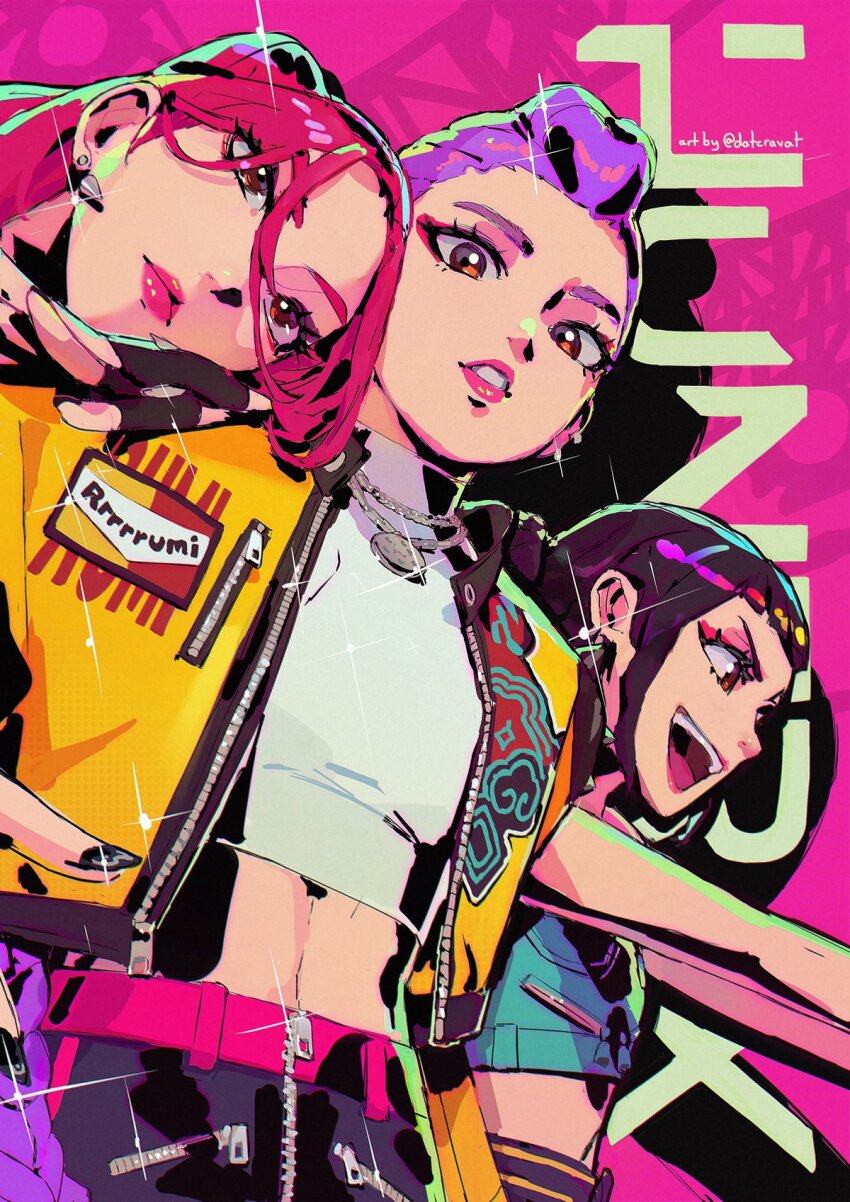 3girls brown_eyes character_request cowboy_shot datcravat eyelashes eyeshadow group_picture highres jacket jewelry kpop_demon_hunters long_hair makeup midriff multiple_girls pink_eyeshadow pink_hair purple_hair yellow_jacket