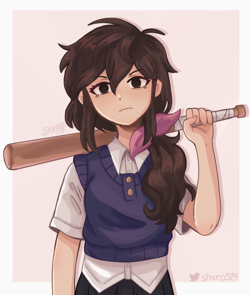 1girl absurdres alternate_costume alternate_hair_color alternate_hairstyle alternate_universe artist_name aubrey_(faraway)_(omori) aubrey_(omori) baseball_bat black_eyes black_hair black_skirt black_sweater_vest closed_mouth collared_shirt highres holding holding_baseball_bat long_hair omori pink_ribbon pleated_skirt ponytail ribbon shirt short_sleeves shxro524 skirt solo sweater_vest white_shirt