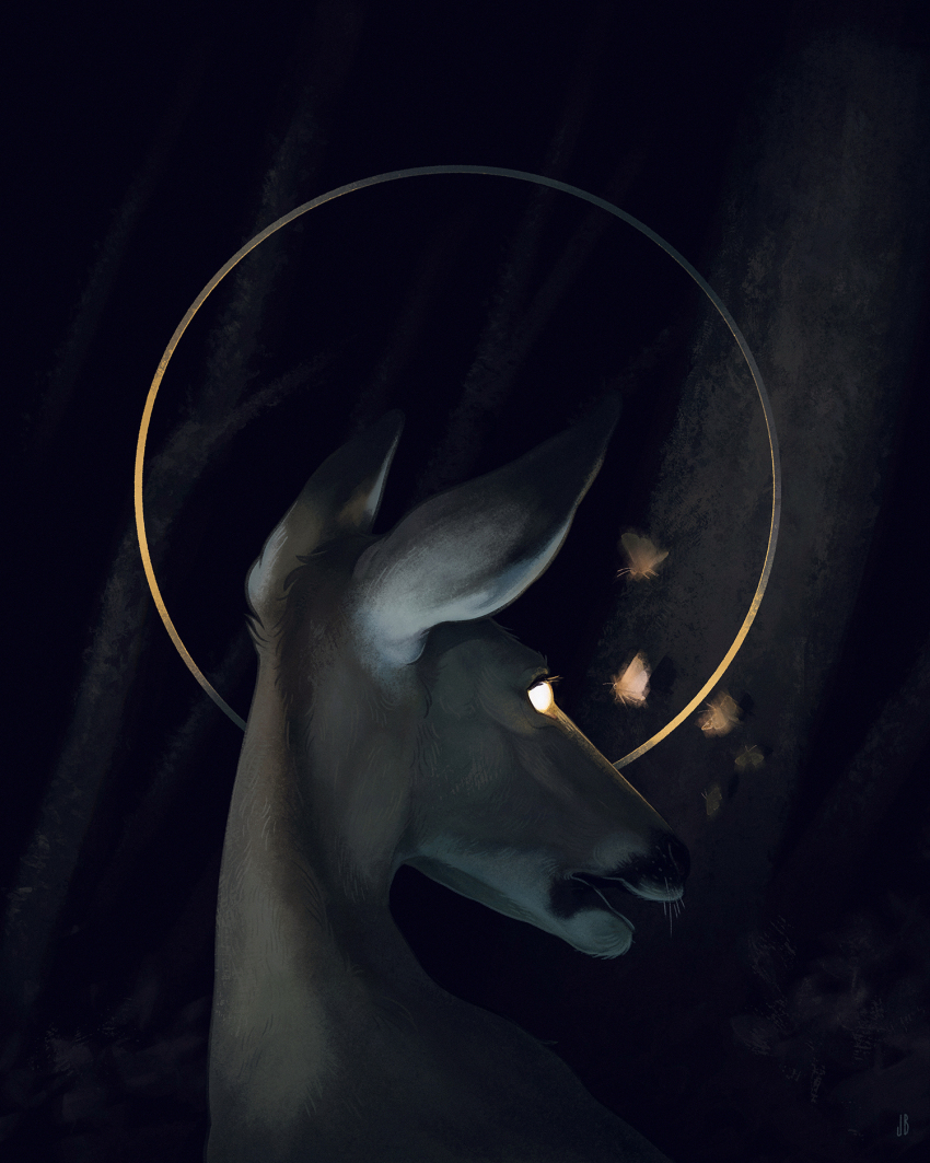 animal animal_focus black_background blank_eyes brown_fur brown_wings bug circle commentary dappermouth dark deer english_commentary eye_contact flying from_behind glowing glowing_eyes gold highres horror_(theme) insect light_rays looking_at_another moth no_humans open_mouth original realistic simple_background surreal white_eyes wings