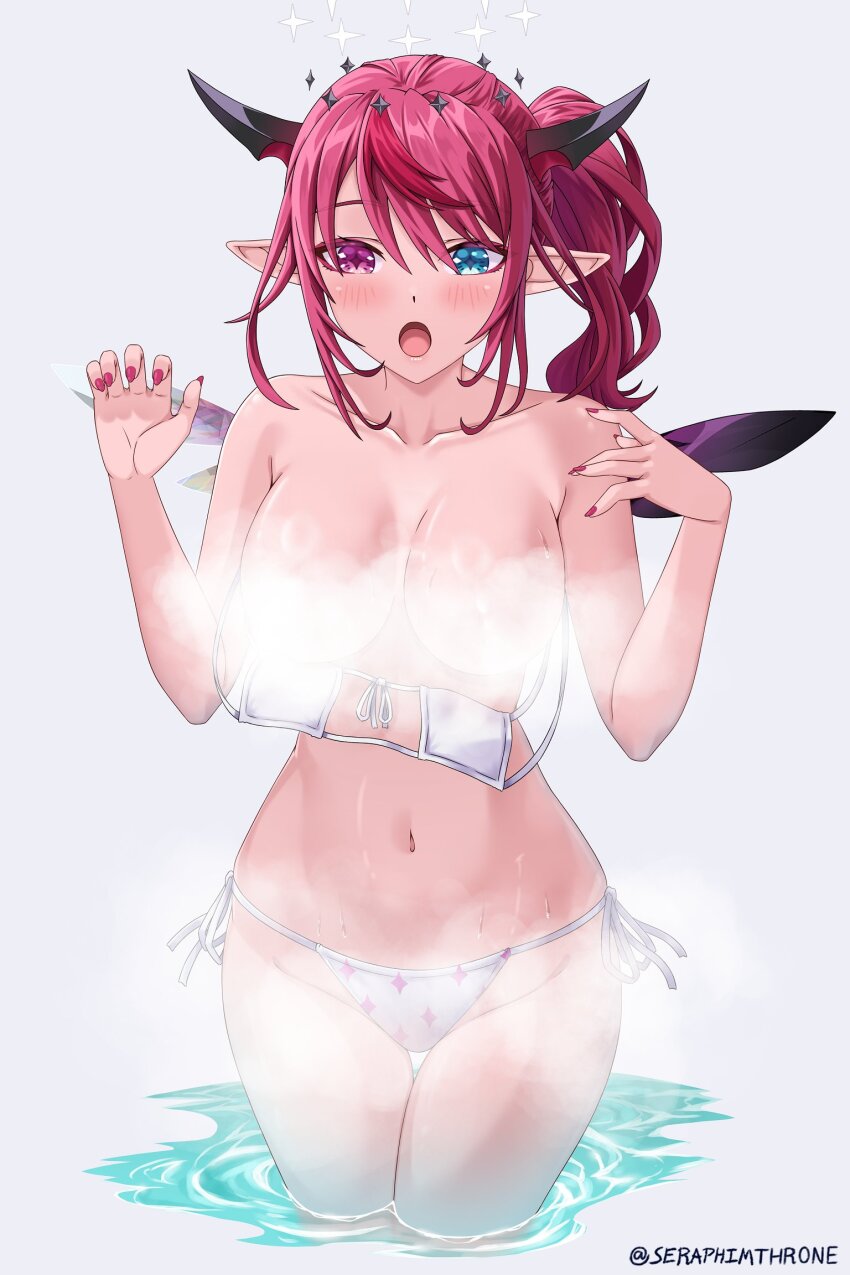 +_+ 1girl :o artist_name asymmetrical_wings bikini black_halo black_horns blue_eyes blush breasts collarbone commentary convenient_censoring crystal_wings english_commentary eyepatch_bikini fingernails front-tie_bikini_top front-tie_top grey_background halo heterochromia highres hololive hololive_english horns irys_(hololive) large_breasts long_hair looking_down mismatched_wings multicolored_hair multicolored_horns nail_polish navel open_mouth pink_eyes pink_hair pink_nails pink_wings pointy_ears purple_wings seraphim_throne side-tie_bikini_bottom solo sparkle_print steam steam_censor stomach streaked_hair sweat swimsuit thighs twitter_username two-tone_hair two-tone_horns virtual_youtuber wading white_bikini white_halo wings
