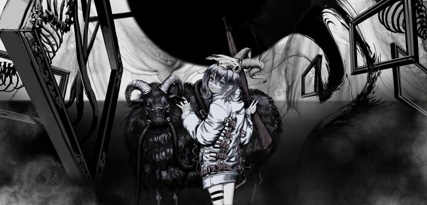 1girl absurdres animal_skull bad_id bad_twitter_id belt black_sheep closed_mouth cowboy_shot floating floating_object from_behind grey_jacket grey_theme highres indie_utaite jacket jewelry long_sleeves looking_at_viewer looking_back mask mouth_mask official_art picture_frame ring sekai_(utaite) short_hair skeleton skull_on_head smile smoke solo spot_color standing surreal thigh_strap utaite yu_(stdio_nameraka)