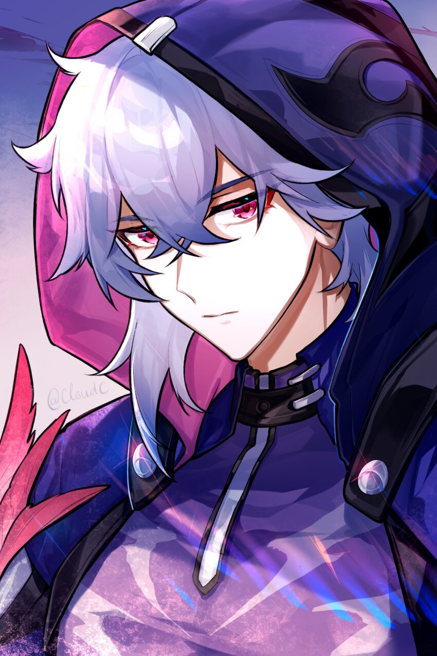 1boy belt_collar black_collar closed_mouth cloudc collar commentary crossed_bangs double-parted_bangs hair_between_eyes highres honkai:_star_rail honkai_(series) hood hood_up hooded_jacket jacket looking_to_the_side male_focus moze_(honkai:_star_rail) pink_hair plume purple_hair purple_jacket purple_shirt shirt sideways_glance solo two-sided_hood upper_body