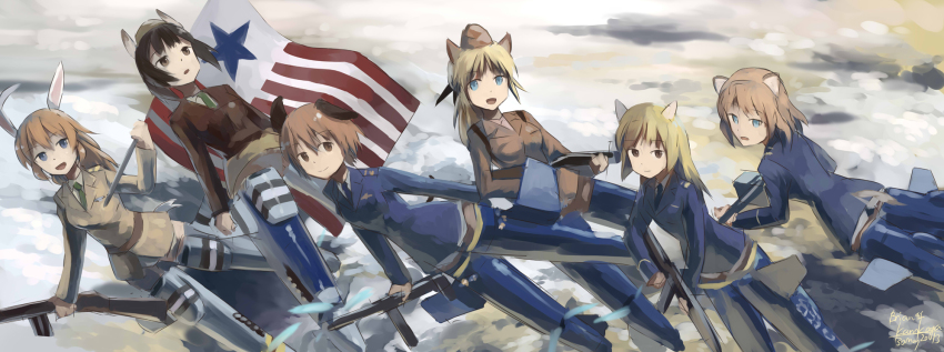 6+girls animal_ears aqua_eyes blonde_hair blue_eyes bomber_jacket brown_eyes brown_hair cecilia_e_harris charlotte_e._yeager cloud flag flying garrison_cap geena_preddy gun hair_ribbon hat head_wings highres jacket jennifer_j_deblanc kanokoga katharine_o&#039;hare long_hair looking_at_viewer marian_e._carl military military_uniform multiple_girls necktie noble_witches ponytail rabbit_ears rabbit_girl ribbon short_hair sky strike_witches strike_witches:_suomus_misfits_squadron striker_unit tail weapon wings world_witches_series