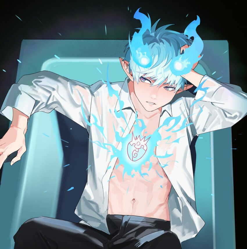 1boy ao_no_exorcist black_pants blue_eyes blue_fire collared_shirt demon_boy eriseros fiery_horns fire hair_between_eyes hashtag-only_commentary highres horns long_sleeves looking_to_the_side male_focus navel okumura_rin open_clothes open_shirt pants parted_lips pointy_ears red_pupils shirt short_hair sitting slit_pupils solo white_hair white_shirt