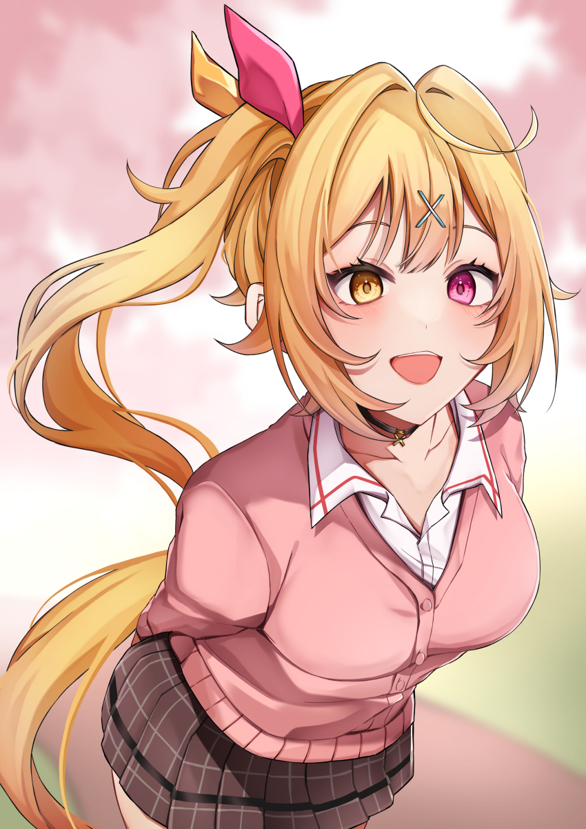 1girl absurdres black_choker black_skirt blush bow choker collared_shirt hair_bow hair_ornament heterochromia highres hoshikawa_sara hoshikawa_sara_(4th_costume) long_hair nijisanji official_alternate_costume open_mouth pink_eyes pink_sweater_vest red_bow shirt side_ponytail skirt smile solo sweater_vest teeth two-tone_bow upper_teeth_only user_sesm3225 very_long_hair virtual_youtuber white_shirt x_hair_ornament yellow_bow yellow_eyes