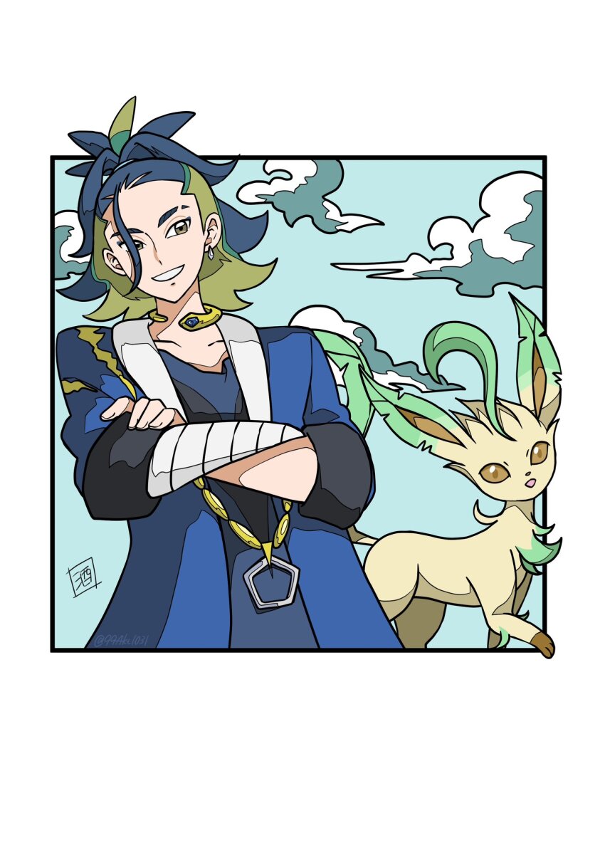 1boy 99akt1031 adaman_(pokemon) arm_wrap blue_coat border brown_eyes coat collar collarbone crossed_arms earrings eyebrow_cut gen_4_pokemon grin highres jewelry leafeon male_focus nintendo pokemon pokemon_(creature) pokemon_legends:_arceus ponytail signature smile teeth white_border