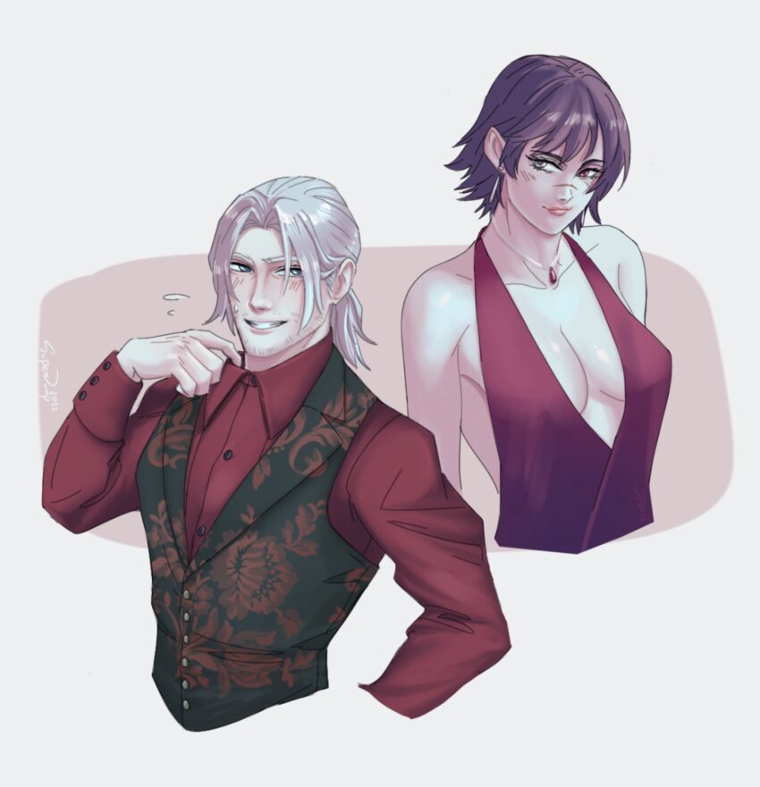 1boy 1girl black_hair blush breasts collared_shirt dante_(devil_may_cry) devil_may_cry_(series) dress earrings floral_print flying_sweatdrops green_eyes heterochromia highres jewelry jumpoon lady_(devil_may_cry) necklace ponytail red_dress red_eyes red_shirt scar scar_on_face scar_on_nose shirt short_hair signature simple_background smile vest white_hair