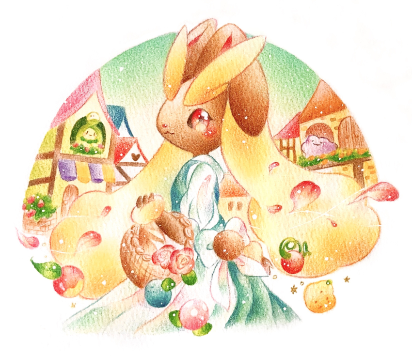 ._. 1girl :3 animal_nose back_bow berry_(pokemon) black_eyes blue_dress blush bow budew bush cheri_berry closed_mouth clothed_pokemon clothing_cutout day ditto dress female_focus flat_chest flower from_behind furry furry_female gen_1_pokemon gen_4_pokemon gradient_sky green_sky happy heart highres house leppa_berry long_sleeves looking_at_viewer looking_back lopunny nintendo oran_berry outdoors pecha_berry petals pokemon pokemon_(creature) rabbit_ears rabbit_girl rabbit_tail red_eyes red_flower red_rose rose sitrus_berry sky smile solid_oval_eyes solo_focus standing star_(symbol) tail tail_through_clothes traditional_media white_background white_bow window yukichi_0611