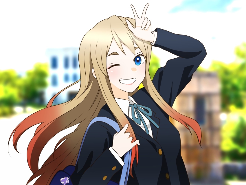1girl arm_up bag blazer blonde_hair blue_eyes blue_jacket blue_ribbon blurry blurry_background buttoned_cuffs buttons clenched_teeth commentary_request cosplay gradient_hair highres holding holding_bag jacket k-on! kitagawa_marin kotobuki_tsumugi kotobuki_tsumugi_(cosplay) long_hair long_sleeves looking_at_viewer multicolored_hair nekonopapa one_eye_closed orange_hair outdoors ribbon sakuragaoka_high_school_uniform school_bag school_uniform shirt smile solo sono_bisque_doll_wa_koi_wo_suru teeth thick_eyebrows upper_body v white_shirt