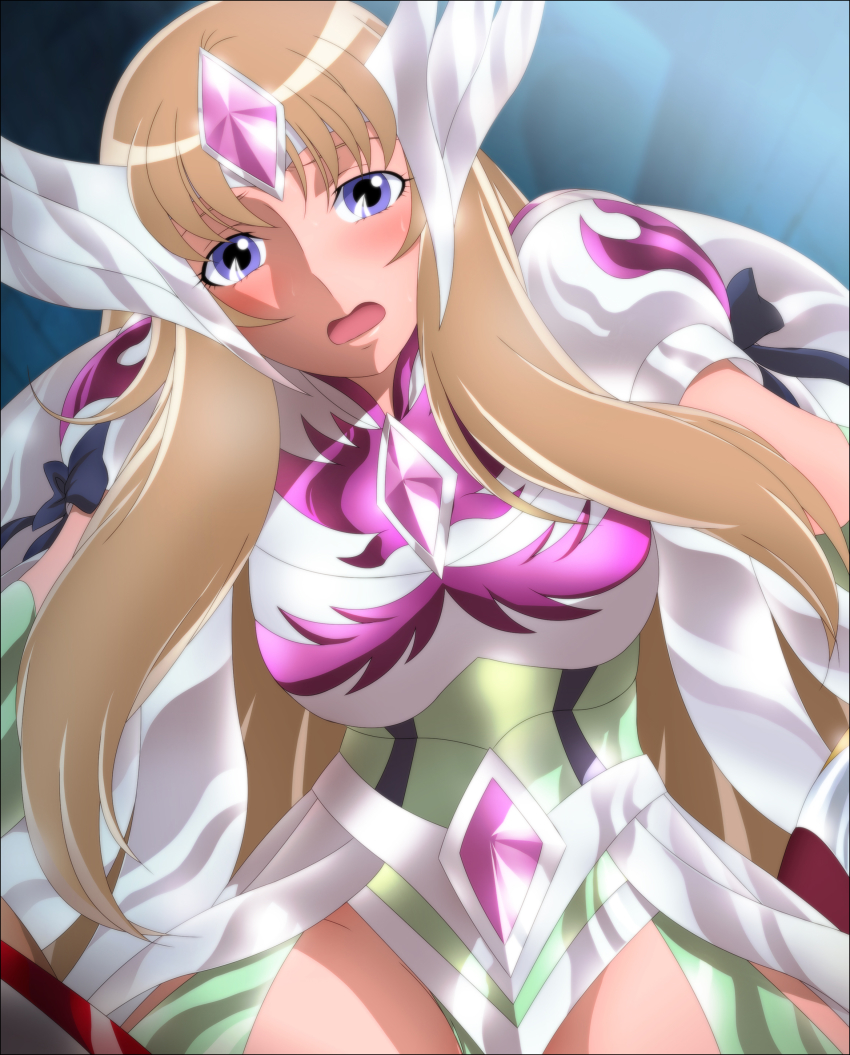 10s 1girl absurdres aquila_yuna armor blonde_hair blue_eyes blush breasts helmet highres large_breasts legs long_hair looking_at_viewer open_mouth pegasus_koga saint_seiya saint_seiya_omega simple_background sitting sitting_on_person solo_focus thighs yadokari_genpachirou