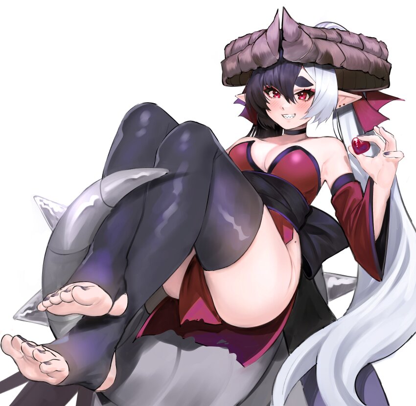 1girl absurdres ass bare_shoulders black_choker black_hair black_nails black_thighhighs blush breasts choker detached_sleeves dragon_girl dragon_horns dragon_tail feet heart highres horns kumaartsu long_hair looking_at_viewer medium_breasts mole_on_body multicolored_hair mythic_live nail_polish nako_ryu pointy_ears red_eyes sharp_teeth smile solo stirrup_legwear tail teeth thick_eyebrows thighhighs thighs toeless_legwear toenail_polish toenails toes torn_clothes twintails very_long_hair virtual_youtuber white_background white_hair