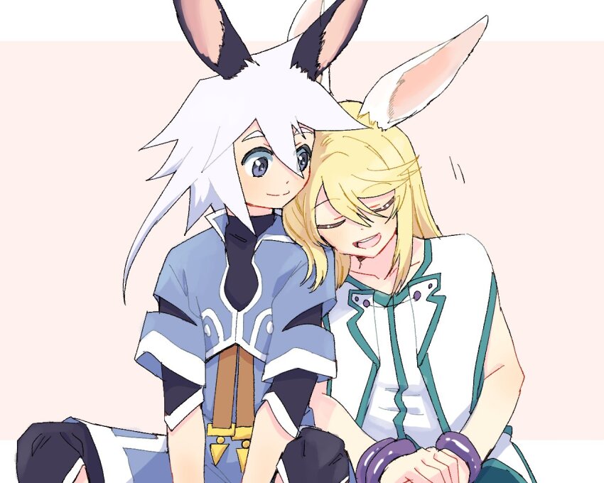 2boys animal_ears azuma_yukihiko blonde_hair blue_eyes closed_eyes genius_sage long_sleeves looking_at_another lying_on_person medium_hair mithos_yggdrasill multiple_boys rabbit_boy rabbit_ears shirt short_sleeves sitting tales_of_(series) tales_of_symphonia trap white_hair white_shirt yaoi