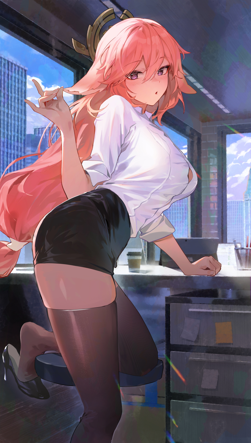 1girl absurdres alternate_costume animal_ears arched_back arm_support ass black_footwear black_skirt black_thighhighs blue_sky blush breasts building button_gap cabinet calculator ceiling ceiling_light chair cloud contemporary cup desk disposable_coffee_cup disposable_cup drawer feet file_cabinet floor floppy_ears foot_out_of_frame fox_ears fox_shadow_puppet from_side genshin_impact hair_between_eyes hair_ornament hand_on_table high_heels highres indoors kawa683 large_breasts leg_support legs long_hair looking_at_viewer low-tied_long_hair miniskirt monitor office office_lady parted_lips pen pen_holder pencil_skirt pink_hair pumps purple_eyes shirt shirt_tucked_in shoe_dangle skirt sky skyscraper sleeves_rolled_up solo sticky_note stool thighhighs twisted_torso white_shirt window yae_miko zettai_ryouiki