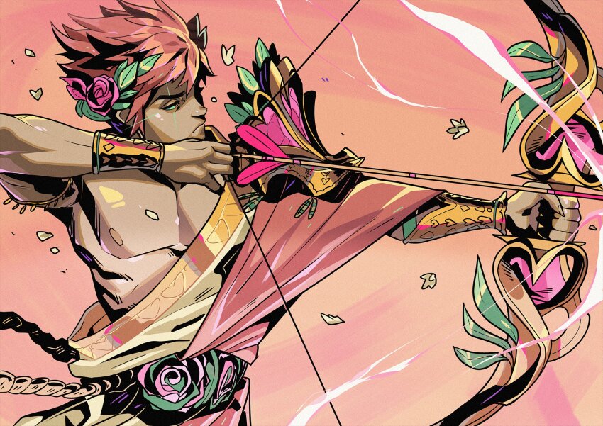 1boy aiming alternate_costume alternate_hair_color aphrodite_(hades) aphrodite_(hades)_(cosplay) armor bare_pectorals bow_(weapon) bracer closed_mouth commentary cosplay electricity english_commentary fingernails flower from_side greco-roman_clothes green_eyes hades_(series) hades_1 hair_flower hair_ornament highres leaf looking_ahead male_focus nipples off_shoulder oskar_vega outstretched_arm pauldrons pectorals pink_flower pink_hair pink_robe pink_rose robe rope_belt rose sharp_fingernails short_hair shoulder_armor single_pauldron solo weapon white_robe zagreus_(hades)