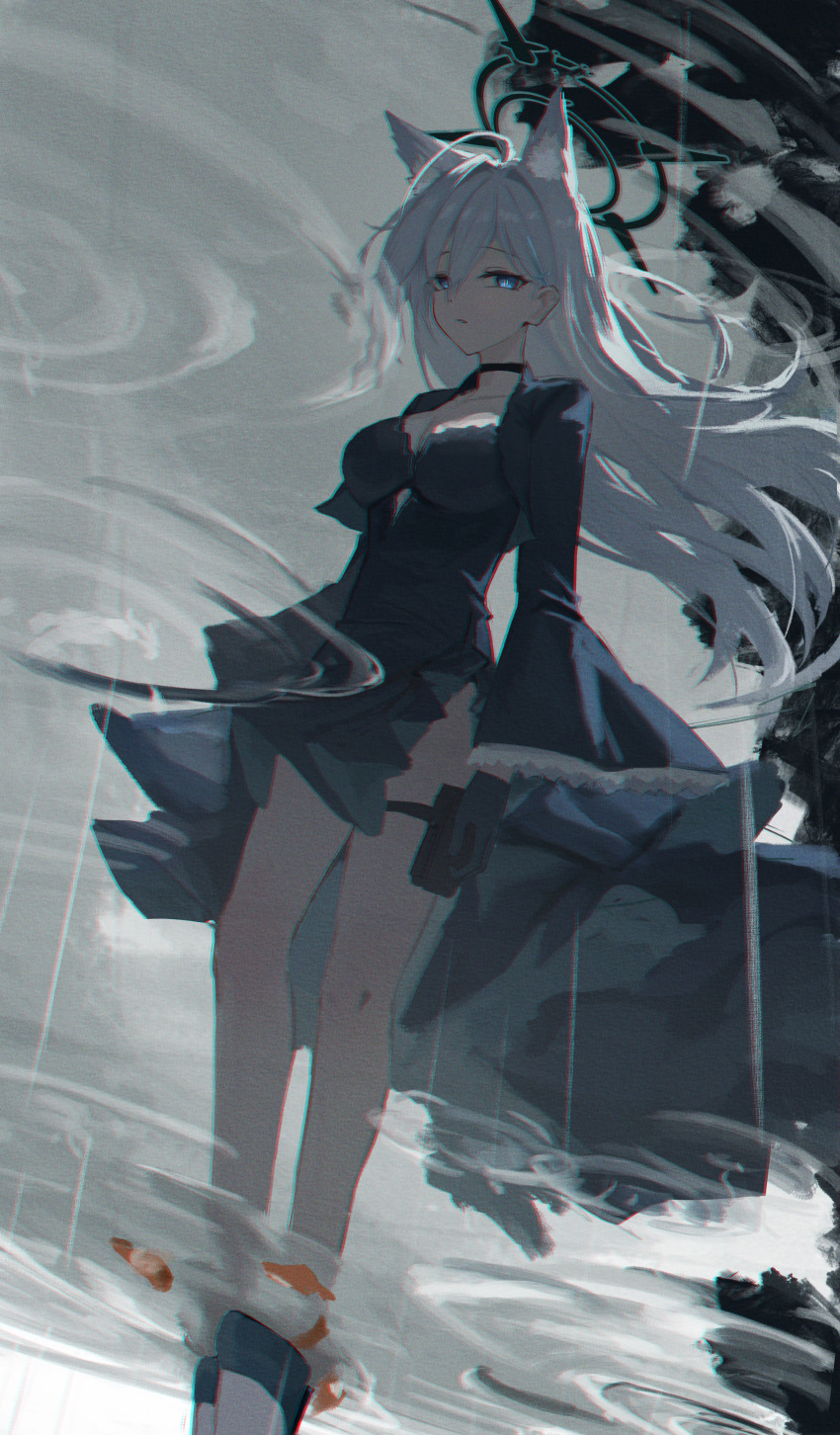 1girl absurdres animal_ear_fluff animal_ears black_choker black_dress black_gloves black_shoes blue_archive blue_eyes choker cross_hair_ornament dress extra_ears gloves grey_hair haimaotuanzi hair_between_eyes hair_ornament highres long_hair looking_at_viewer rain reflection shiroko_(blue_archive) shiroko_terror_(blue_archive) shoes sidelocks solo thigh_strap wolf_ears wolf_girl