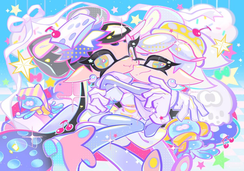 2girls ankle_boots asymmetrical_docking black_hair blue_hair bodystocking boots bow-shaped_hair breast_press breasts callie_(frostyfest)_(splatoon) callie_(splatoon) cheek-to-cheek closed_mouth commentary cousins cross-shaped_pupils dress earrings gloves gradient_hair grey_hair grey_pupils hand_on_another&#039;s_waist heads_together highres inkling jellyfish_(splatoon) jewelry jumpsuit long_hair looking_at_viewer marie_(frostyfest)_(splatoon) marie_(splatoon) medium_hair mole mole_under_eye multicolored_hair multiple_girls nintendo official_alternate_costume pink_boots pink_scarf pointy_ears scarf short_jumpsuit smile splatoon_(series) splatoon_3 strapless strapless_dress swept_bangs symbol-only_commentary symbol-shaped_pupils tentacle_hair twintails two-tone_hair very_long_hair white_dress white_gloves white_jumpsuit winter_clothes xiaoyunatie yellow_eyes