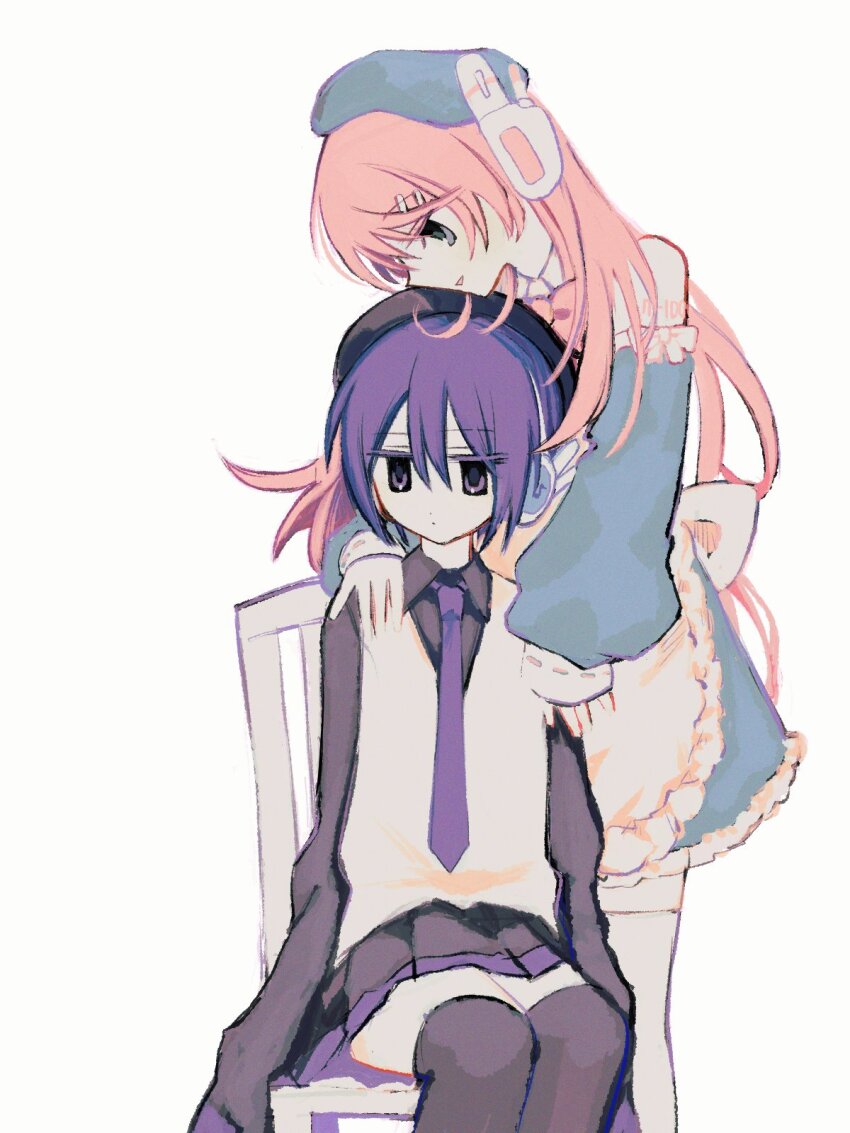 2girls beret black_hat black_shirt black_skirt black_thighhighs chair closed_mouth collared_shirt detached_sleeves feet_out_of_frame hair_ornament hairclip hand_on_another&#039;s_shoulder hat headgear headphones highres kajuu_(maimai_maimaa) long_hair miniskirt momone_momo multiple_girls necktie open_mouth pink_hair purple_eyes purple_hair purple_necktie shirt short_hair simple_background sitting skirt sleeves_past_fingers sleeves_past_wrists smile standing thighhighs utane_uta utau vest white_background white_thighhighs white_vest
