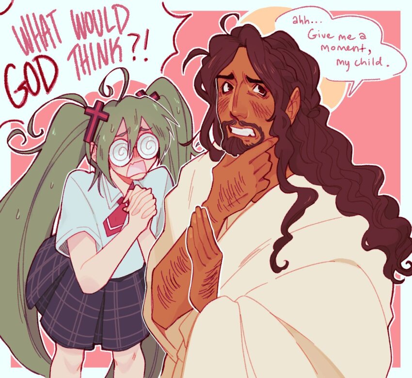 1boy 1girl @_@ ahoge beard blush brown_hair captainharlock christianity clenched_teeth coke-bottle_glasses confessions_of_a_rotten_girl_(vocaloid) cross_hair_ornament dark-skinned_male dark_skin facial_hair fujoshi glasses green_hair hair_ornament hatsune_miku jesus long_hair open_mouth plaid_clothes plaid_skirt robe school_uniform shirt skirt teeth the_bible thinking twintails very_long_hair vocaloid white_robe white_shirt