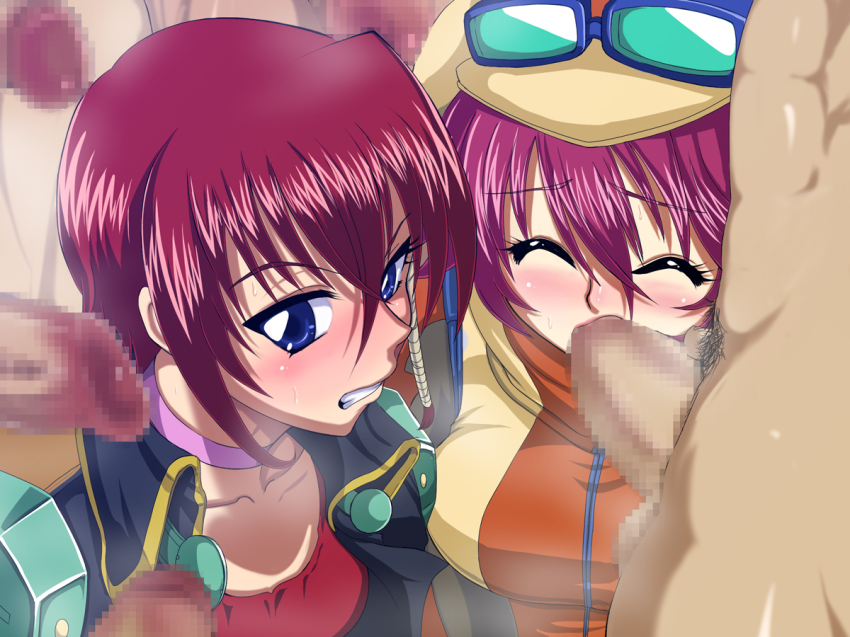 2girls 4boys blue_eyes blush censored closed_eyes fellatio fiona_gureden group_sex goggles group_sex hat mizuho_saiki multiple_boys multiple_girls oral penis raburebo red_hair short_hair super_robot_wars