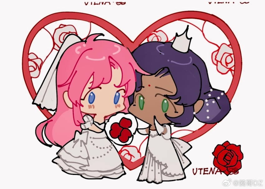 2girls argyle_clothes argyle_sleeves back_bow bare_arms beads blue_eyes bouquet bow bridal_veil bride chibi chinese_commentary commentary_request copyright_name crown dark-skinned_female dark_skin dress dress_bow facial_mark female_focus flower forehead_mark frilled_dress frills gown green_eyes hair_bun heart himemiya_anthy holding holding_bouquet interracial light_blush long_dress long_hair mini_crown multiple_girls no_eyewear no_mouth ouge_dz parted_bangs pink_hair puffy_short_sleeves puffy_sleeves purple_hair red_flower red_rose rose short_hair short_sleeves shoujo_kakumei_utena single_hair_bun single_side_bun standing tenjou_utena updo veil very_long_hair watermark wedding wedding_dress weibo_watermark white_background white_bow white_crown white_dress white_veil wife_and_wife yuri