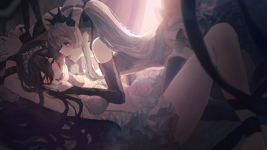 2girls black_hair blush crown highres idolmaster idolmaster_shiny_colors multiple_girls open_mouth popoitapoita purple_eyes purple_hair shirase_sakuya socks tears yukoku_kiriko yuri