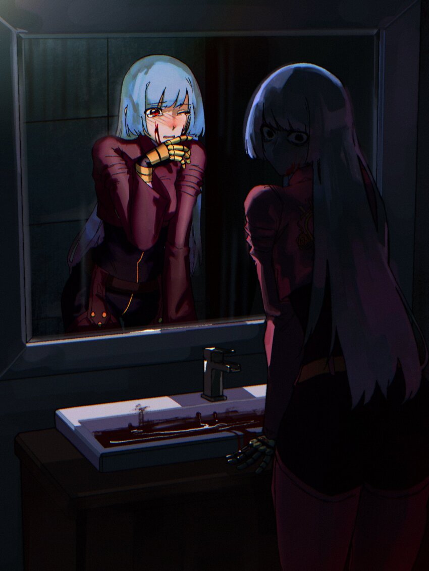 blood blood_on_face blue_hair blushing_female highres kula_diamond mirror snk tears the_king_of_fighters the_king_of_fighters_xv