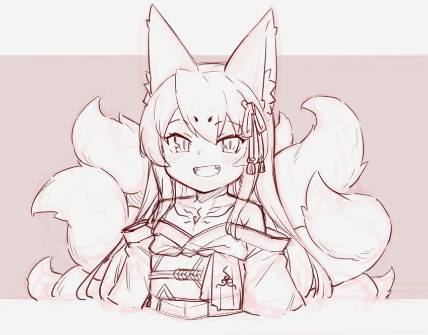 1girl :d animal_ear_fluff animal_ears bare_shoulders chest_tattoo commentary_request cropped_torso fangs fox_ears fox_girl fox_tail hair_between_eyes hair_ribbon japanese_clothes jingai_modoki kimono kitsune light_blush long_hair looking_at_viewer mon-musu_quest! monochrome monster_girl multiple_tails neck_tattoo open_mouth ribbon sepia simple_background slit_pupils smile solo tail tamamo_(mon-musu_quest!) tattoo