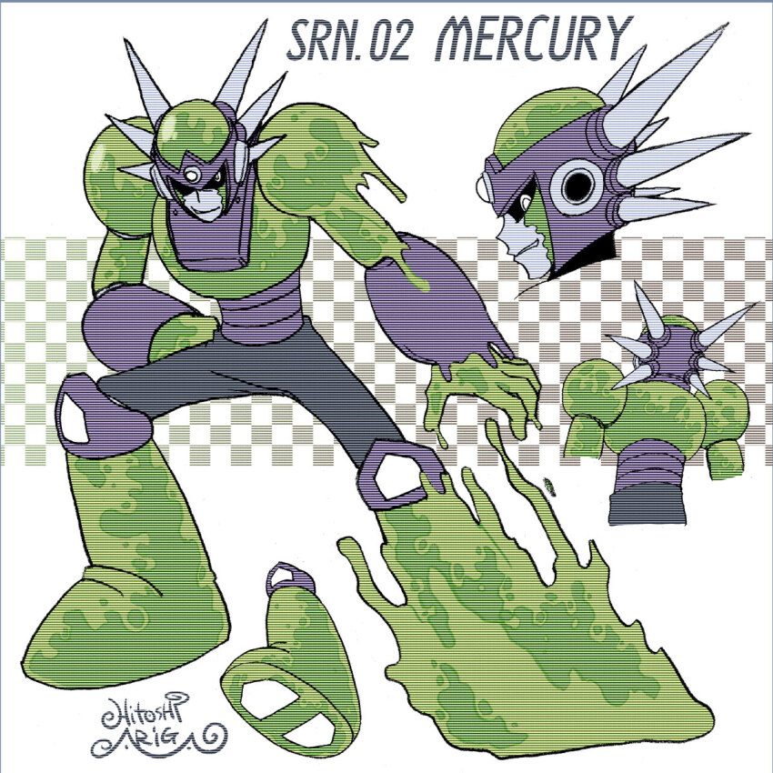 1boy ariga_hitoshi artist_name black_sclera boots character_name checkered_background clenched_hand colored_sclera commentary_request concept_art facepaint forehead_jewel from_behind from_side full_body gem gradient_background green_footwear grey_background grey_pants hand_on_own_hip helmet highres humanoid_robot joints knee_boots looking_ahead looking_at_viewer looking_to_the_side male_focus mega_man_(classic) mega_man_(series) mega_man_megamix mega_man_v mercury_(mega_man) multiple_views muted_color no_humans pants portrait profile reference_sheet robot robot_ears robot_joints scanlines shoe_soles sideways_mouth signature simple_background slime_(substance) smirk spiked_helmet standing turnaround upper_body white_background white_eyes white_gemstone