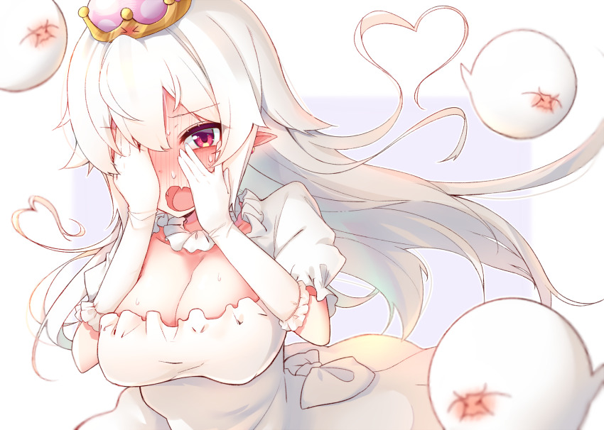 1girl :o blush boo_(mario) breasts cleavage crown dress elbow_gloves embarrassed fang ghost gloves heart heart-shaped_hair highres large_breasts long_hair mario_(series) neginoki new_super_mario_bros._u_deluxe nintendo pointy_ears princess_king_boo red_eyes skin_fang super_crown sweat white_dress white_gloves white_hair